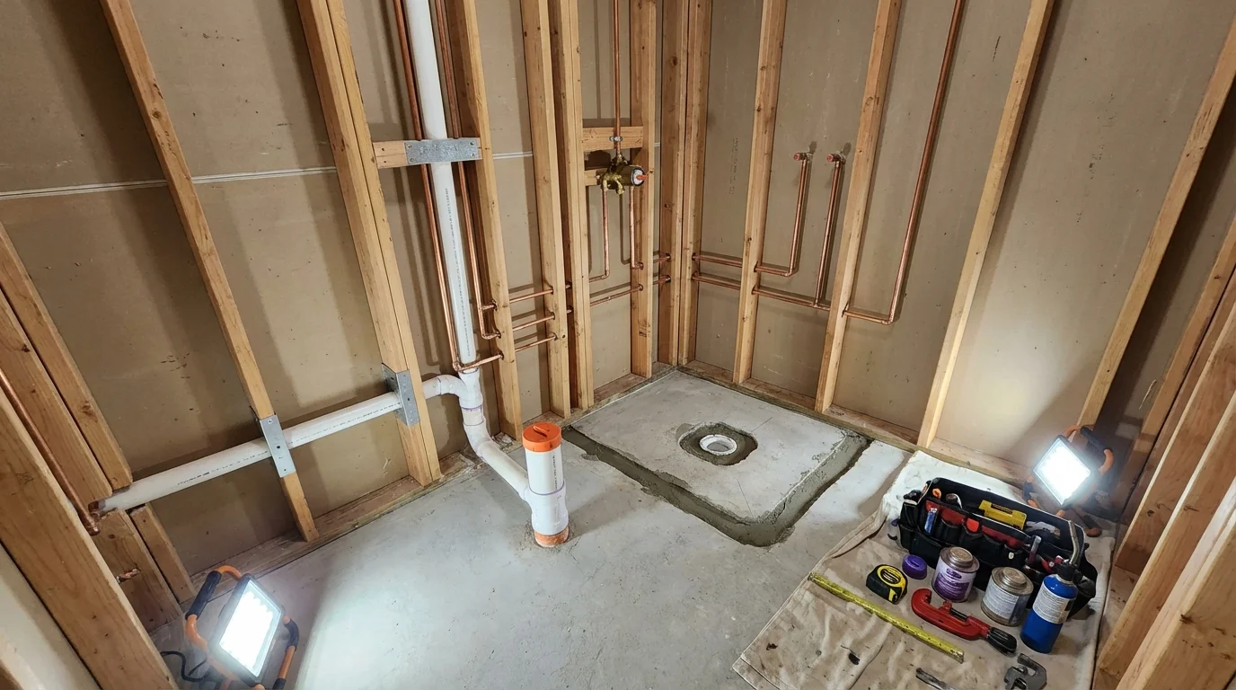 Bathroom rough-in plumbing during remodel by Johns Plumbing LLC in Westport