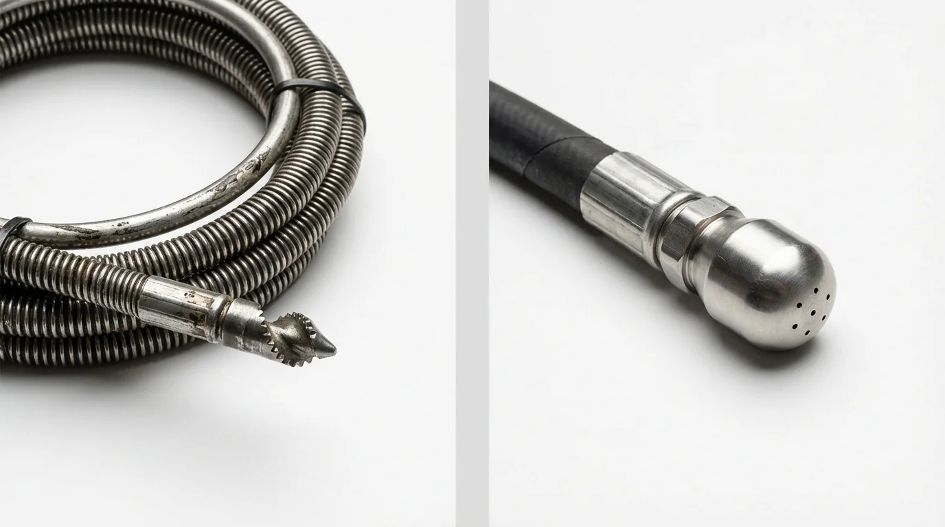Drain snake cable and hydro jetting nozzle used for drain cleaning in Westport, CT