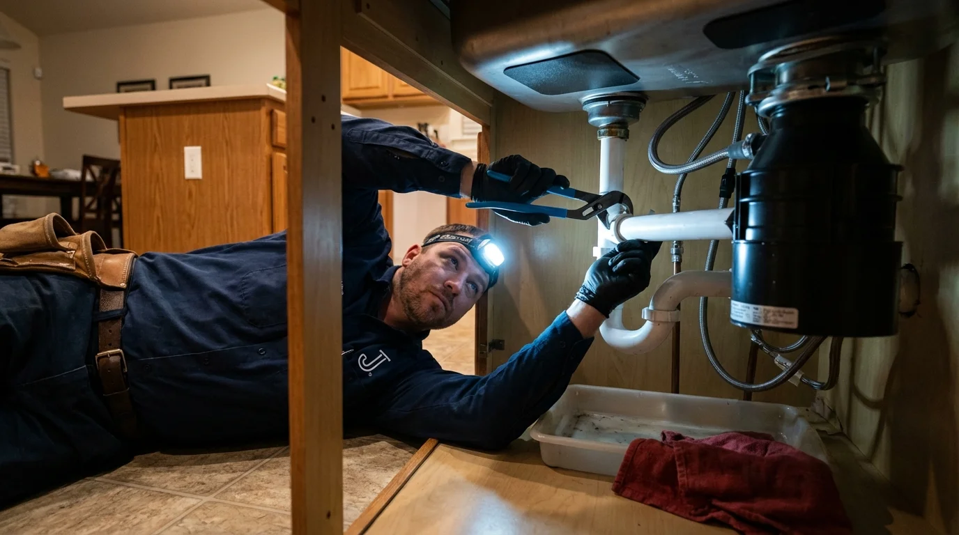 P-trap and supply line connections under a kitchen sink showing a common leak point in Westport, CT